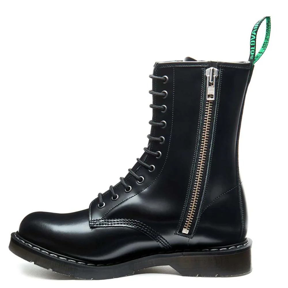 Solovair 11 Eye Zip Derby Boot in Black Hi-Shine - Image 3